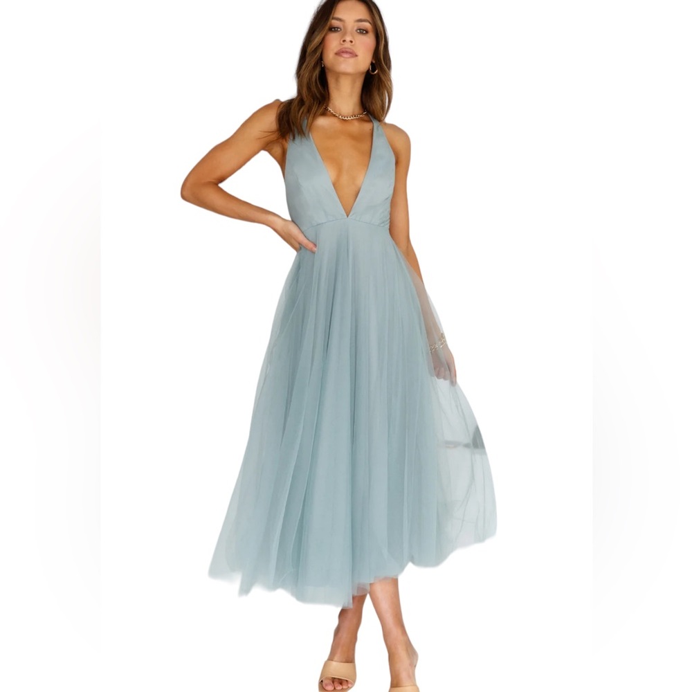 Hello molly kiss the girl midi sage low v-neck backless tulle dress nwt size 6
